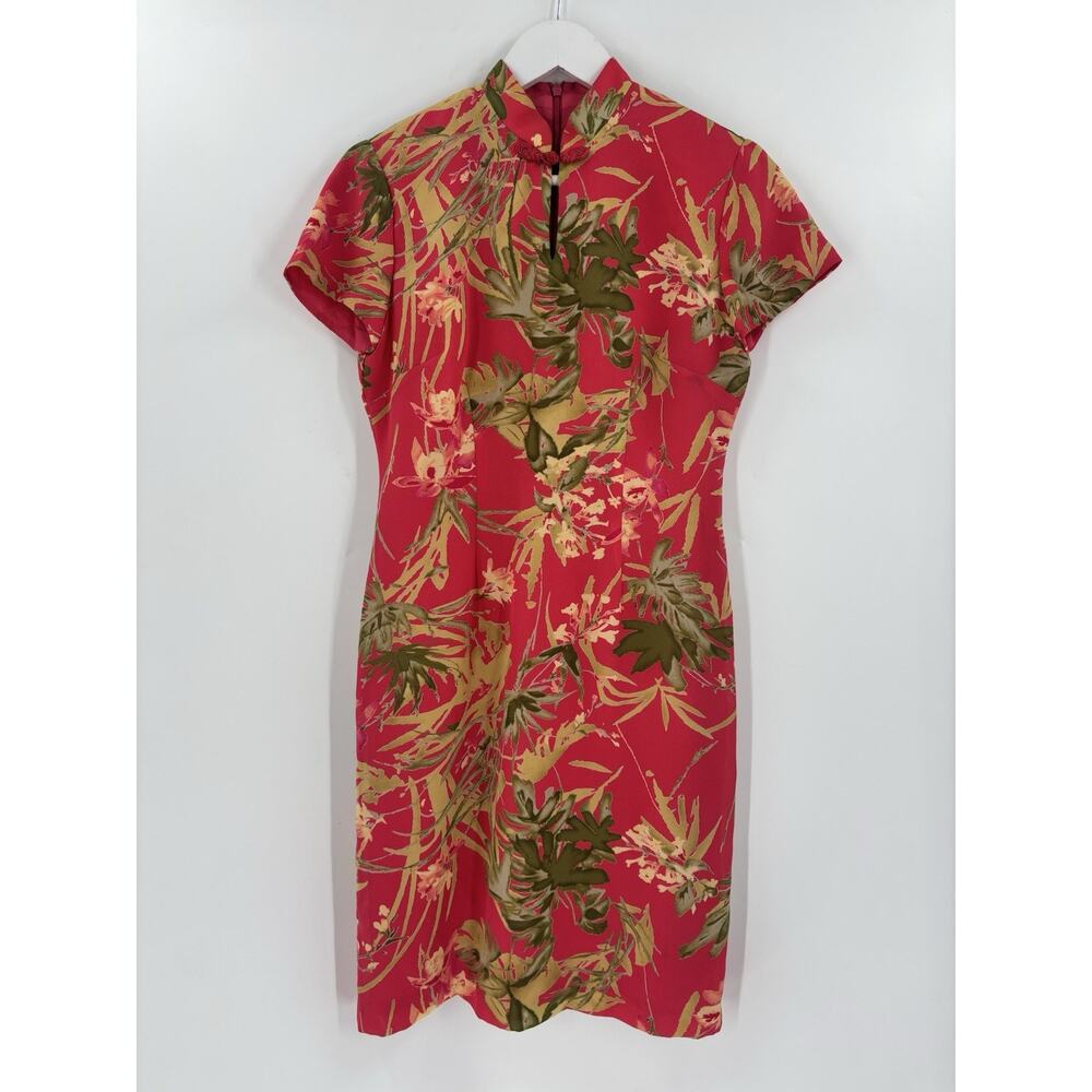 David Warren Vintage Dress Womens 6P Pink Red Tropical Lined Mandarin Collar